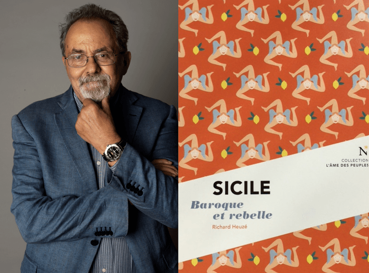 Richard Heuzé et la couverture de son livre Sicile Baroque et Rebelle