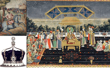 Nadir Shah pillant Delhi, la couronne d'Angleterre et le Koh i noor et le trone du paon