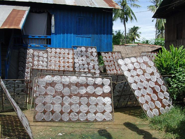 Séchage des galettes de riz de Battambang