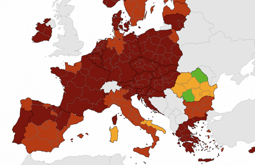 Photo carte Europe Roumanie en vert orange exception Covid 19