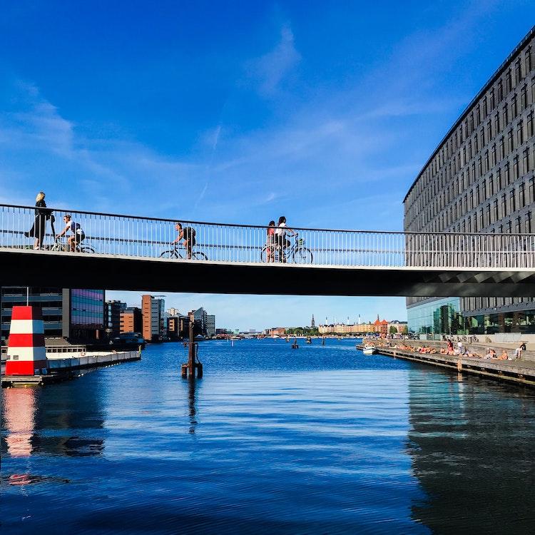 Personnes pédalant et marchant à Copenhague pour aller au travail. 