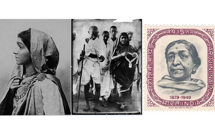 Sarojini Naidu jeune, avec Gandhi, et sur un timbre poste