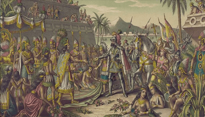 Hernan Cortes rencontre l'empereur azteque Moctezuma II