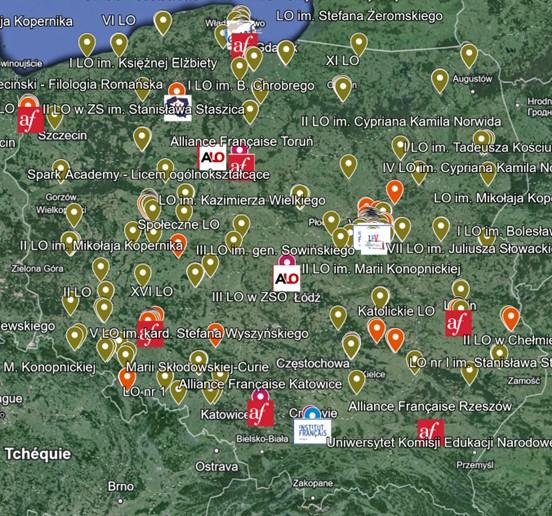 Carte de la Pologne avec les lieux où apprendre le français