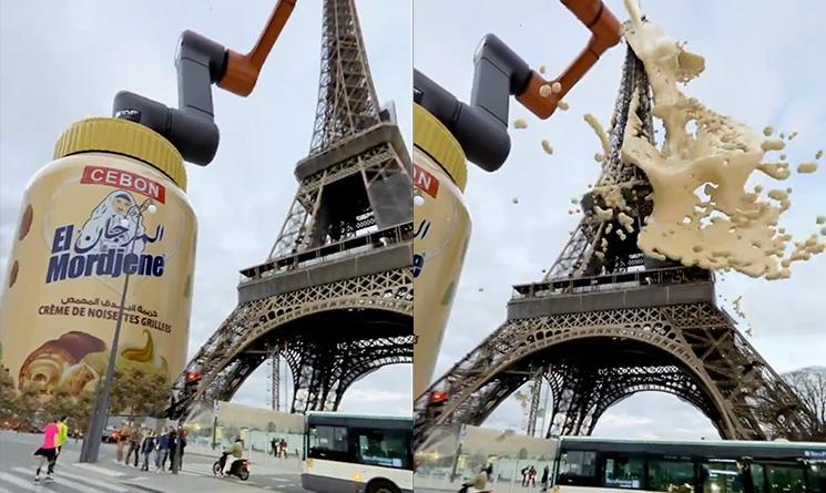 Capture d'une vidéo tournant sur le média X montrant la Tour Eiffel éclaboussée de « El Mordjene » (CGI)