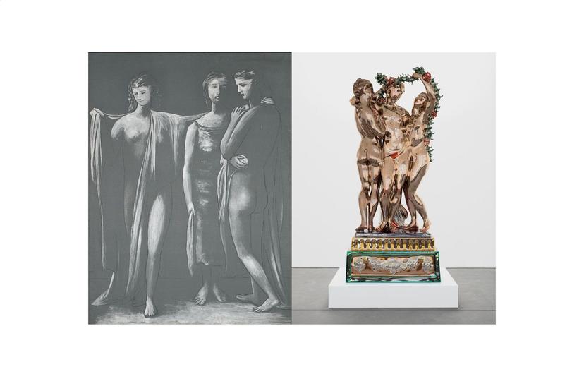 A gauche : Pablo Picasso. Les Trois Grâces, Paris, 1923. Fondation Almine et Bernard Ruiz-Picasso, Madrid © Faba foto / Marc Domage ; à droite : Jeff Koons. Les Trois Grâces, 2016-2022. © Jeff Koons. Édition de 3 plus 1 P.A.