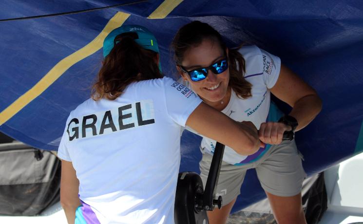 la Brésilienne et championne olympique de 49er FX Martine Grael (régleuse/barreuse) et la Bermudienne Emily Nagel (régleuse)