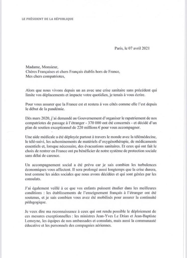 Lettre d'Emmanuel Macron aux Français de l'étranger