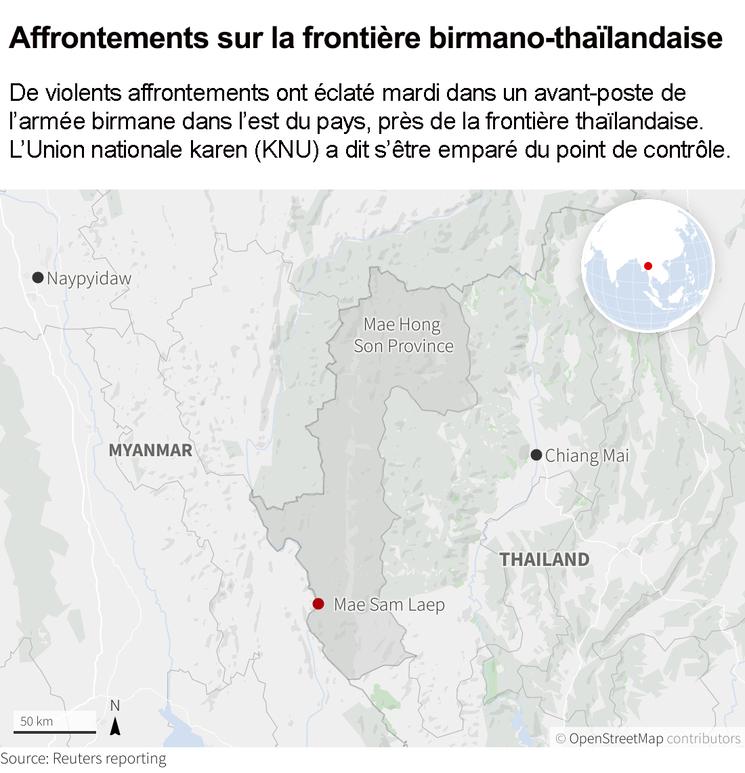 carte du lieu des affrontements entre armee birmane et rebelles de la KNU