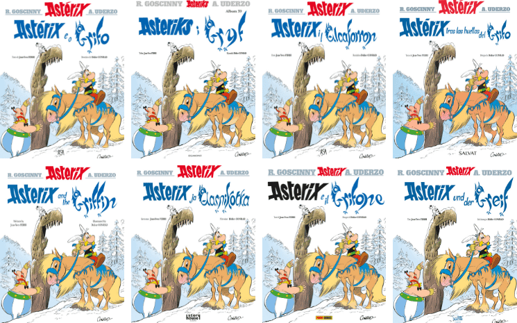 Différentes traductions des couvertures d'Astérix et le Griffon