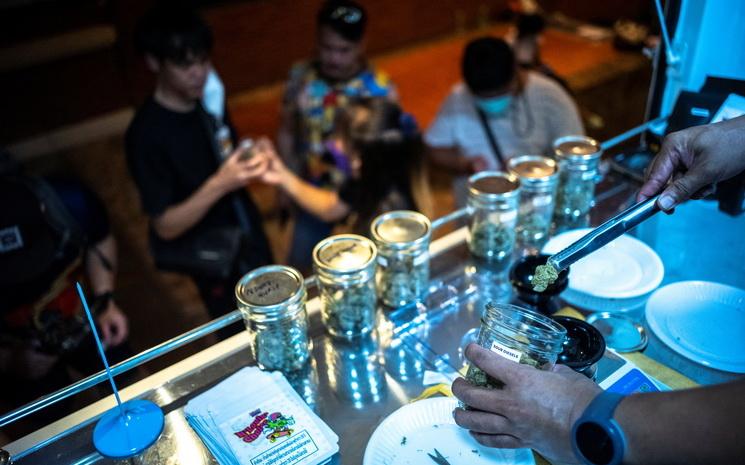 Un vendeur itinerant de cannabis a Bangkok met des tetes dans un bocal