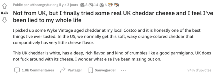 Un post Reddit à propos du vrai cheddar britannique 