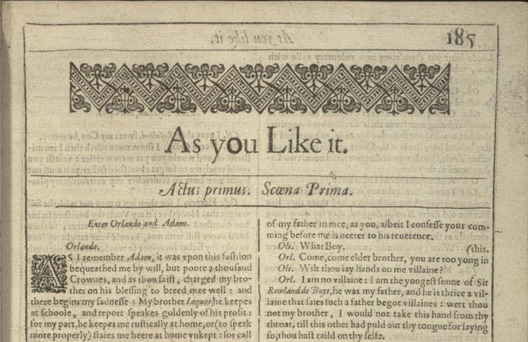 Première page de la pièce de Shakespeare As you like it