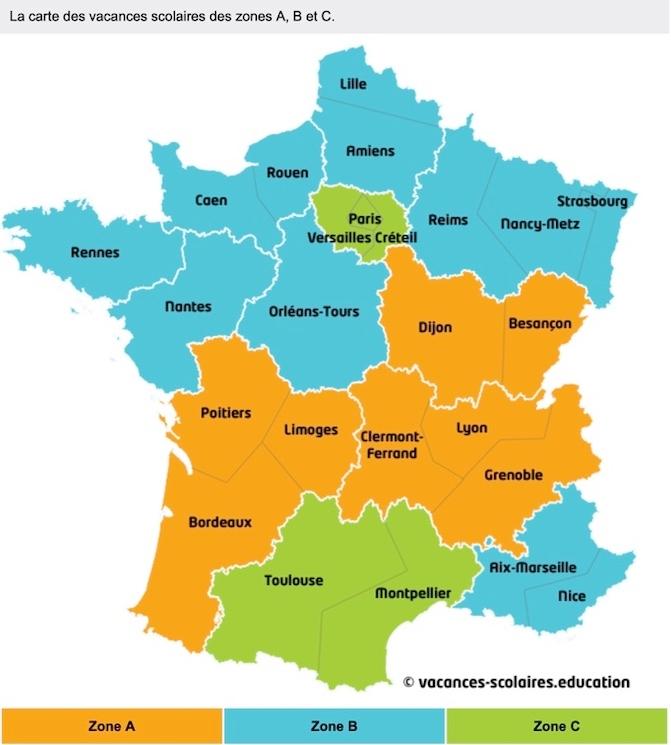 Carte des différentes zones pour l’étalement des vacances scolaires