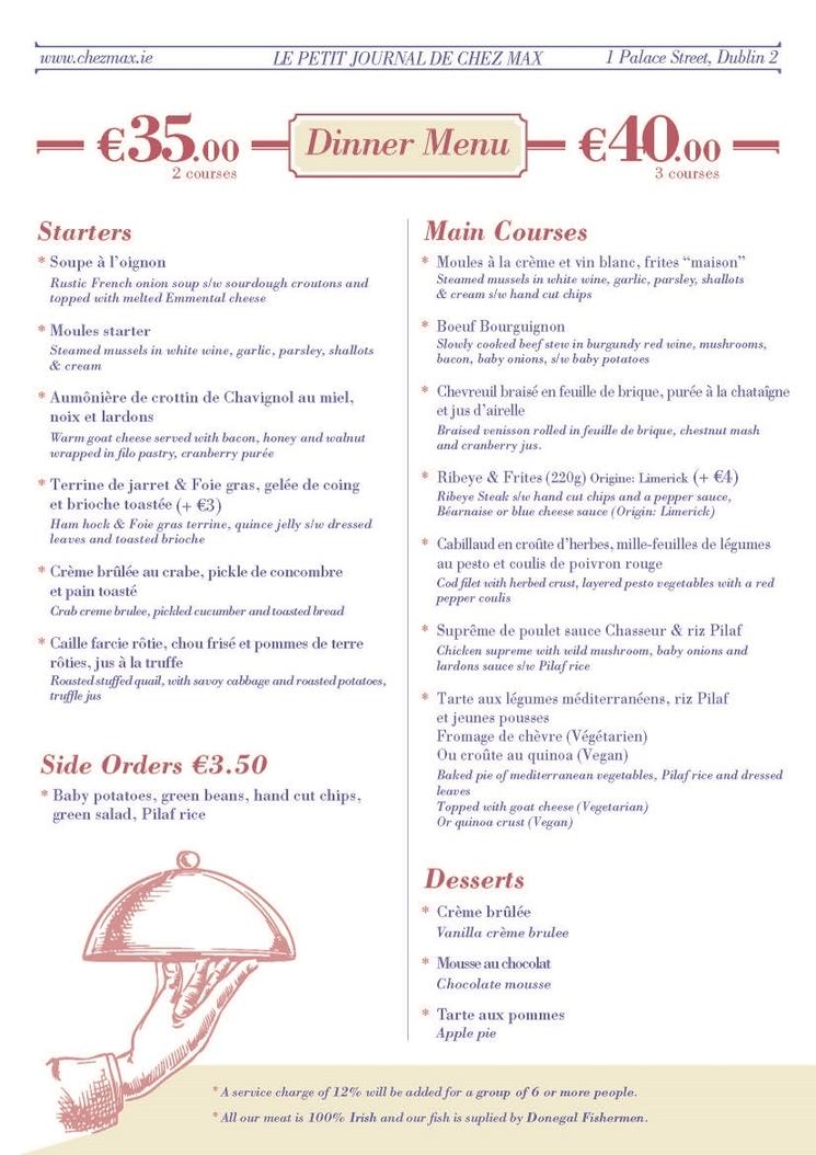 Chez Max restaurant Dublin Irlande Menu Noel