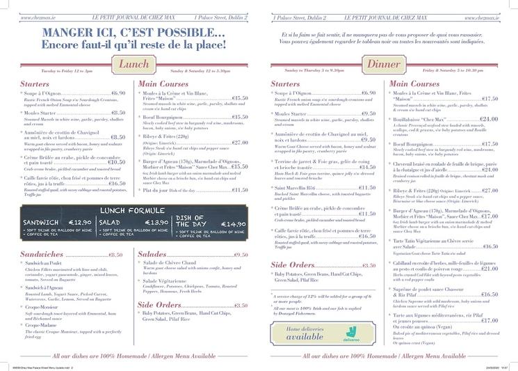 Chez Max restaurant Menu