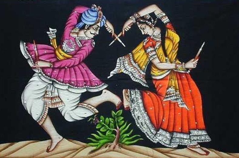 peinture illustrant une danse Dandiya pour Navratri en Inde