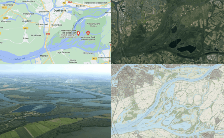 Vue satéllite et plan du Biesbosch