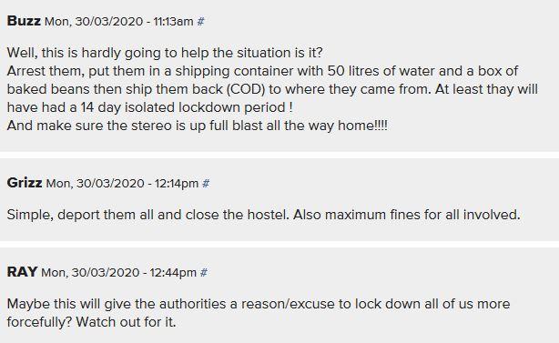 Des internautes proposent de mettre les backpackers sur un porte-conteneur avec 50 litres d'eau et des conserves de haricots, et de les renvoyer d'où ils viennent.