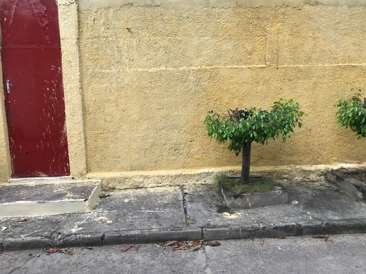 Mur de clôture peint, ainsi que le trottoir