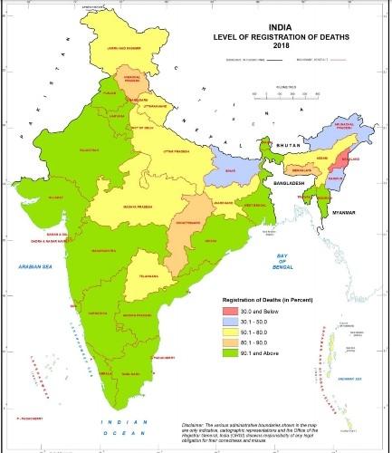 Carte de l'enregistrement des décés en Inde en 2018