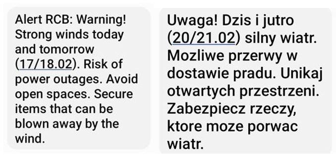 SMS alert RCB anglais polonais alerte danger