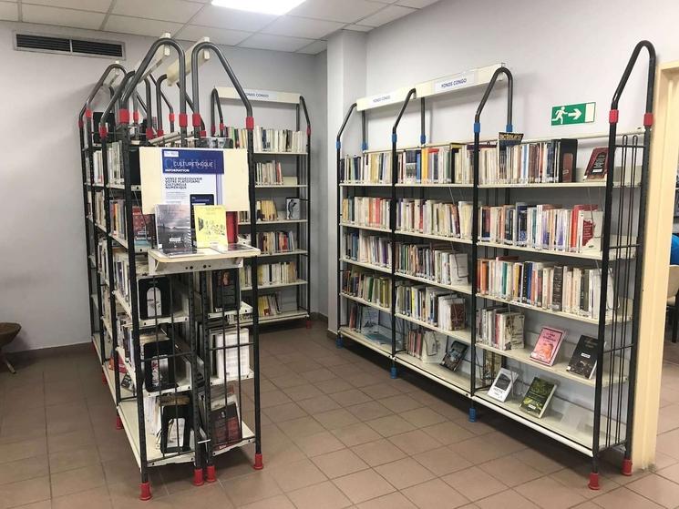 Etagères de livres de la bibliothèque de l'Institut Français de Brazzaville