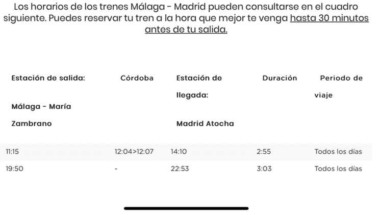 Horaires des trains entre Malaga et Madrid jusqu’au 29/06/2025