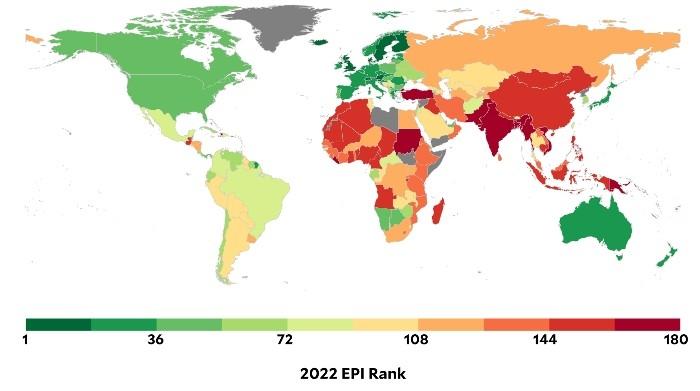 Carte du monde en fonction de l'Indice de performance environnementale 2022