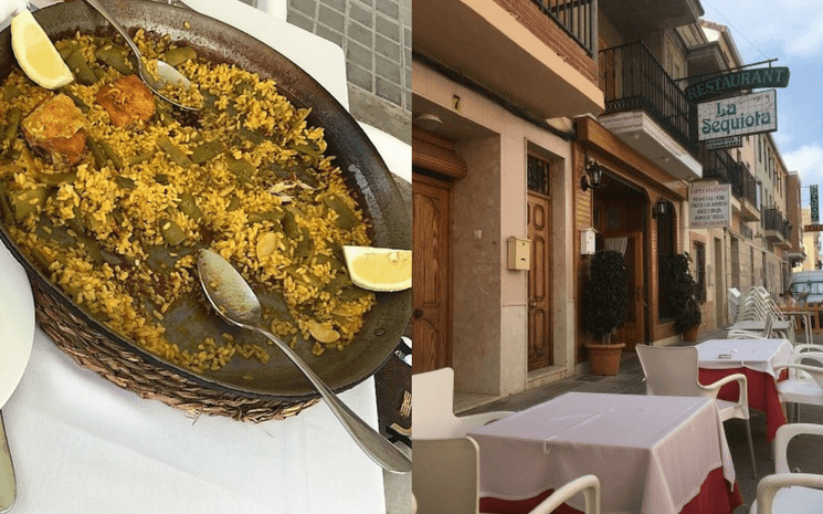 Une paella du restaurant La Saquieta de la paella et la devanture du restaurant