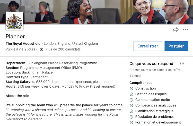 LinkedIn emploi Queen Buckingham Palace