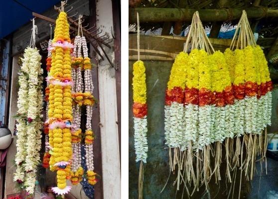 Des guirlandes de Marigolds décorant un temple