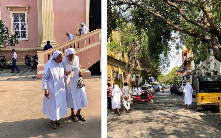 Des sœurs dans la rue à Pondichéry pour le dimanche des rameaux