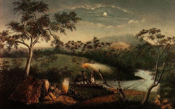 Tableau d'un peuple aborigène péchant et vivant le long de la Merri Creek, à Melbourne