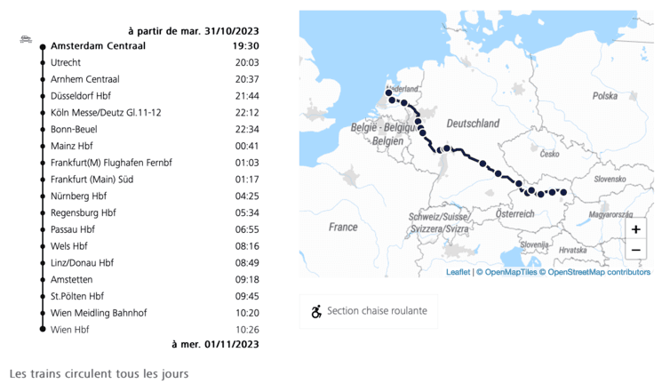 Arrêts de Nightjet entre Amsterdam et Vienne (Source : ÖBB)