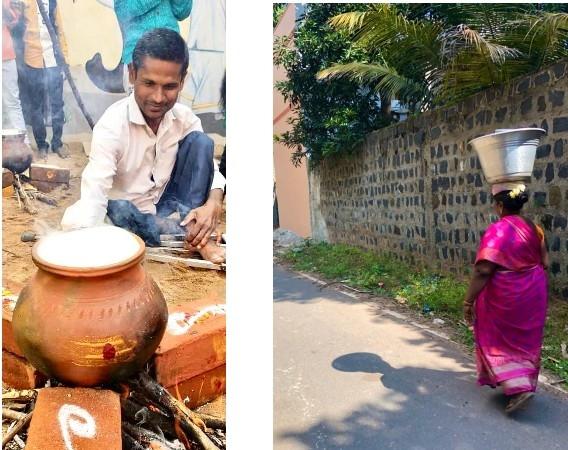 Préparation traditionnelle du Pongal dans une marmite en terre