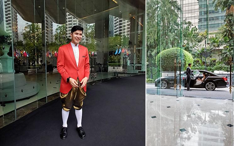 Un portier vetu d'un habit traditionnel siamois modernise accueille des clients de l'hotel Athenee de Bangkok