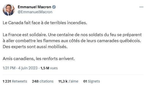 Tweet Macron quant aux feux de forets au Canada