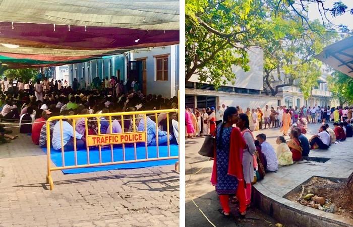 La foule amassée devant l'ashram Aurobindo pour l'anniversaire de la mère