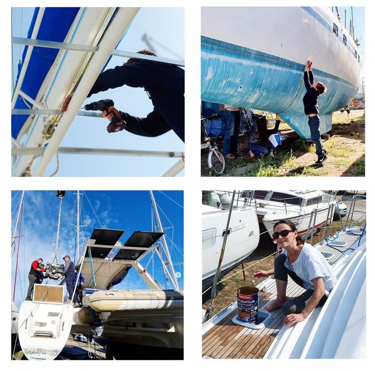 travaux sur le catamaran pour un voyage au bout du monde 