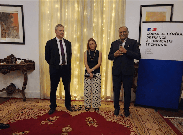 La Consule générale de France, le directeur et le président de l'Alliance Française à Pondichéry