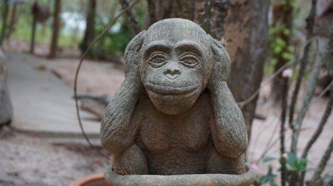 Statuette de singe qui se bouche les oreilles. Photo : RM