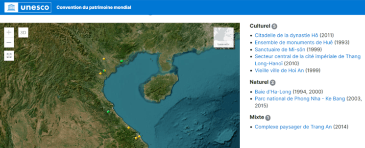 carte des sites unesco du Vietnam 