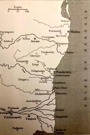 La carte de la côte sud-est de l'Inde et du golfe du Bengale