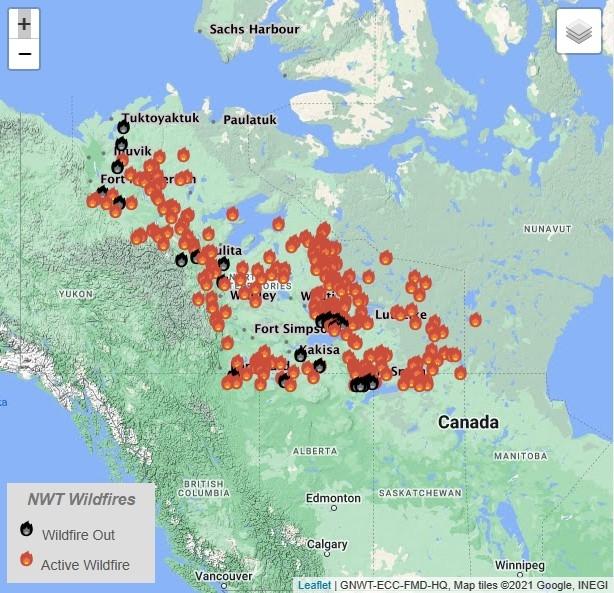 Carte feux de foret Canada ouest 