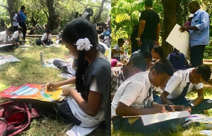 des collegiens dessinant dans un jardin de Pondichéry