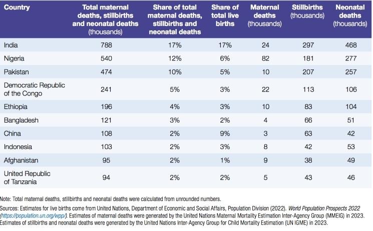 Nombre de décés maternels et infantiles en Inde et dans les 10 pays les plus touchés