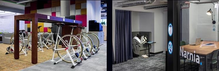 des vélos et un espace pour faire la sieste dans un bureau