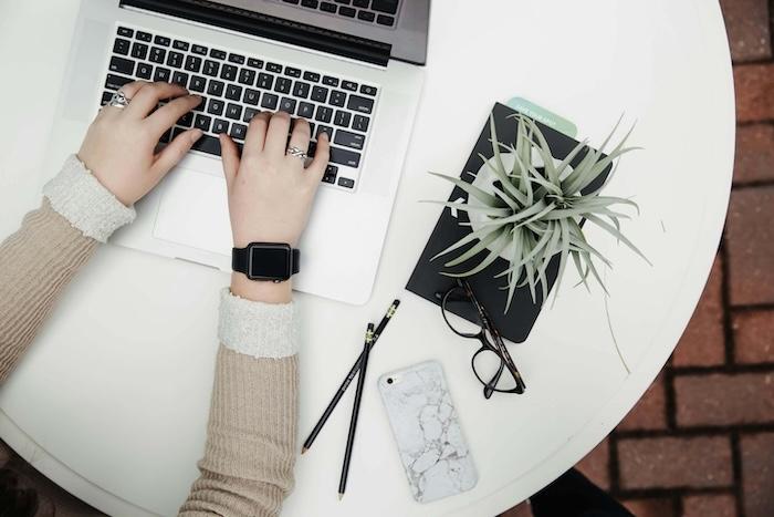 ordinateur d'un autónomo sur une table avec une plante verte