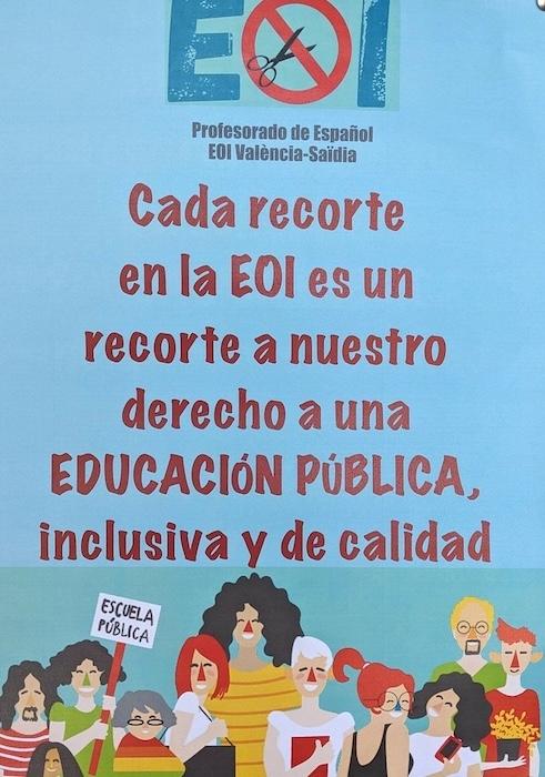 affiche pour protester contre la fermeture de classes d'espagnol pour étrangers à l'EOI